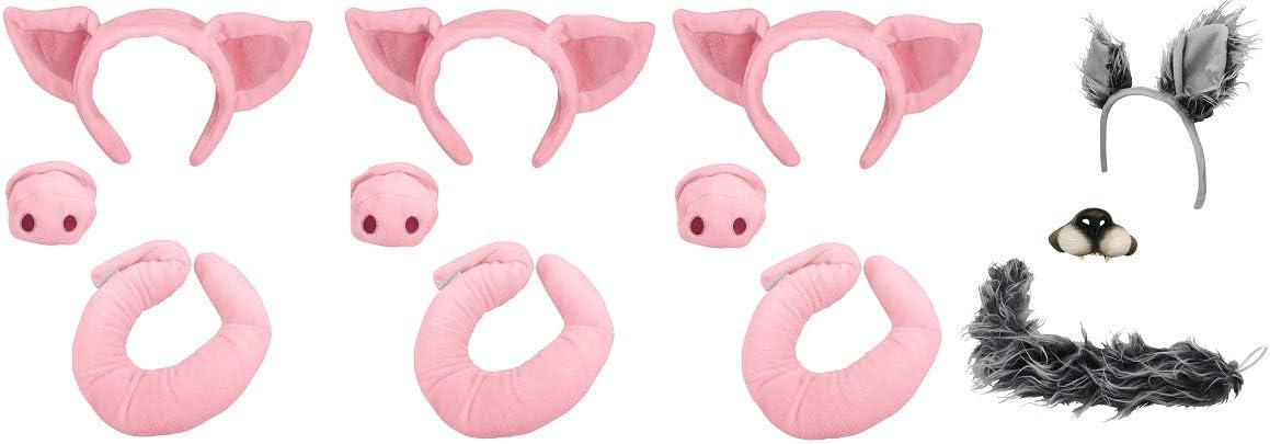 3 Pigs and Wolf Headband Tails Noses Costume Set, PinkGray, One Size