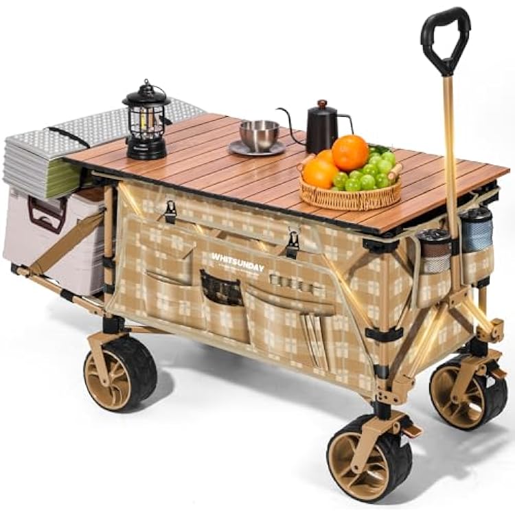 WHITSUNDAY Collapsible Folding Wagon with Table, Heavy Duty Utility Beach Wagons with All-Terrain Wheels for Camping,Garden,Sports Yellow