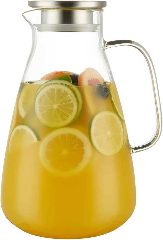 Purefold Glass Pitcher with Lid, Large Iced Tea Water Pitcher, Easy Clean Heat Resistant Borosilicate Glass Jug with Stainless Steel Lid for Juice, Milk, Cold or Hot Beverages - 100oz