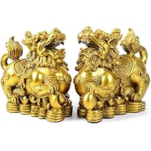 Feng Shui pixiu Brass Decor Statue A Pair Chinese Home Decoration pi yao Wealth Sculpture Attract Money and Good Luck Figurine Golden(5.51" L x 2.75" W x 4.3" H )
