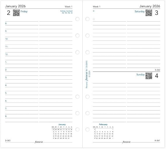 Filofax Calendar Diary Refill, Personal/Compact Size, Day on One Page with Appointments, Ruled, White Paper, English, 2026 (C68441-26)