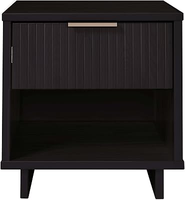 Manhattan Comfort Granville Modern Nightstand 1.0 with 1 Full Extension Drawer, Sled Legs, and Gold Accent Metal Handle, Bedside End Table for Bedroom or Living Room in Black