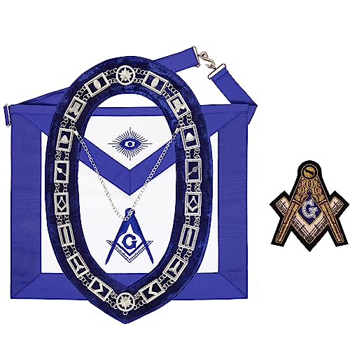 Masonic Blue Lodge Master Mason Lambskin Apron & Silver Chain Collar Set Hand Embroidered Regalia with Blue Ribbon Trim, Adjustable Waist Belt & Free Bullion Compass and Square Badge