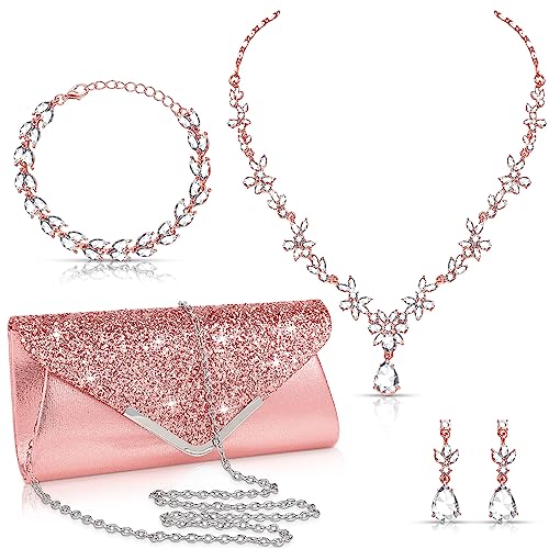 4 Pcs Women Rhinestone Jewelry Set Floral Wave Teardrop Crystal Wedding Necklace Earrings Floral Cluster Wave Bracelet Glitter Envelope Evening Bag Handbag Party Bridal Purse