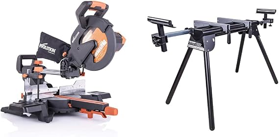 Evolution Power Tools R255SMS+ PLUS 10-Inch Sliding Miter Saw Plus Multi-Material Multi-Purpose & Power Tools EVOMS1 Miter Saw Stand Compact & Folding, Universal Fits Most Brands