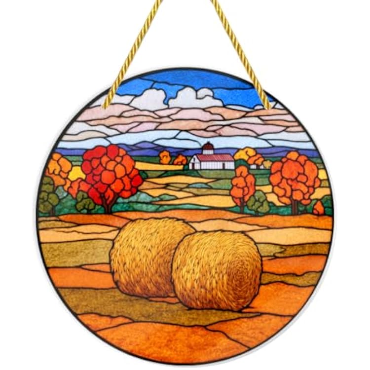 Autumn Farm with Hay Bales, 1PC Fall Stained Glass Styles Acrylic Suncatcher, 88in Rainbow Maker Wall Art, Ideal for Thanksgiving Indoor Outdoor Decor, Gifts Ideas & Hanging Ornaments