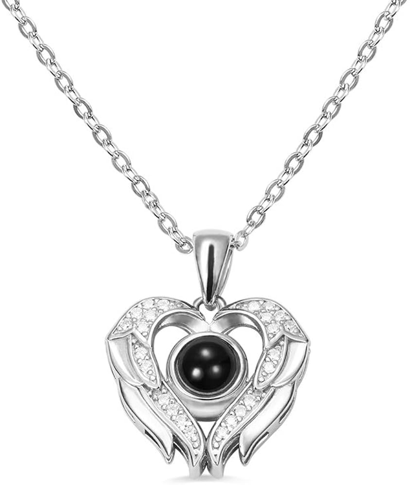 Roseinside Custom Angel Wings Photo Projection Necklace with 100 Languages I Love You, Personalized Memory Women Necklace for Girlfriend Sterling Silver Birthday Valentine's Day Gift Jewelry