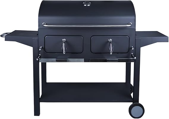 Large Commercial Charcoal BBQ Grill, Black Steel, Outdoor Barbecue with Side Tables, Storage Shelf, Double Cooking Net, Wheels, 63.78x25.39x43.31 Inch