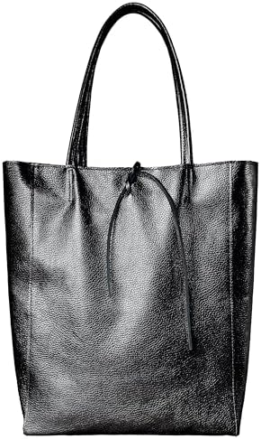 Italian Metallic Calf Leather Tote Bag for Women with Zipper, Inner Pocket & Flat Base | Soft Unlined Shopper Handbag