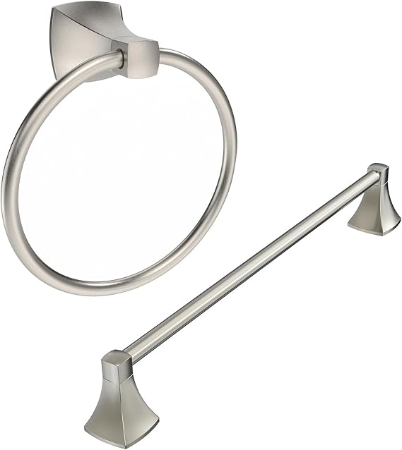 Brushed Nickel 2 Pieces Bathroom Hardware Set, Includes Hand Towel Ring, 18" Hand Towel Bars Wall Mounted Bathroom Accessories Kit, Stainless Steel and Zinc Alloy