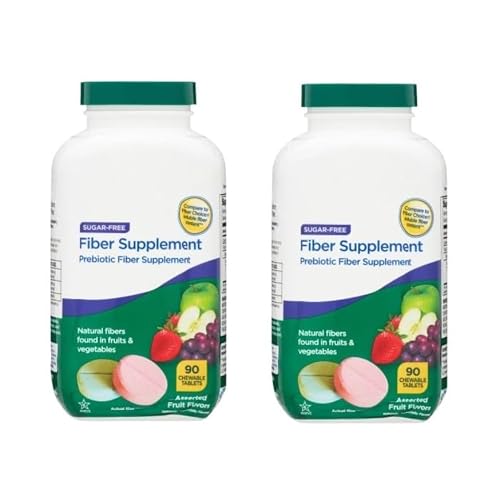 Daily Fiber Supplement Chewable Tablets 90 Count, Sugar-Free Chews for Women and Men, High Fiber Content, Assorted Fruit Flavors, Chewable Tablets for Adults. Pack of 2