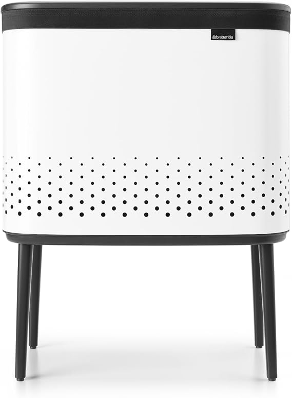 Brabantia Bo Laundry Hamper (White) Removable Laundry Bag 16 Gal, Ventilated Stylish Discreet Dirty Clothes Holder, Flat Back, Anti-Rust Materials for Bathroom Use