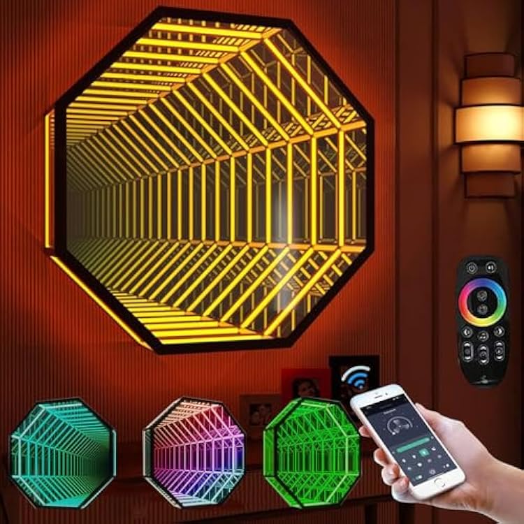 LED Infinity Mirror Tunnel Lamp,LED 3D Mirror Night Light,3D Mirror Tunnel Light with Remote 358 Magical Multi Color Changing Light,RGB Color-Changing Tunnel Light,50cm