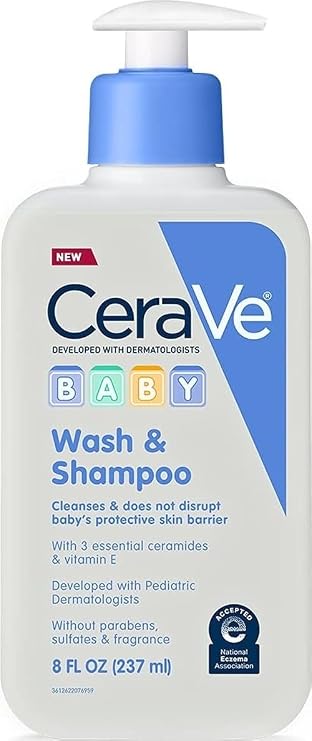 CeraVe Baby 2-in-1 Wash & Shampoo with Vitamin E for Hair & Skin, 8oz | Tear-Free Wash For Baby Hair and Skin with Vitamin E, Fragrance-Free, Paraben-Free, Dye-Free, Phthalates-Free, Sulfate-Free