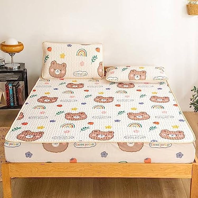 FCLDESHOP Soft Fitted Sheet,Boys Girls Bedroom Cartoon Print Latex Bedding Sheets,Suitable for Sleeping Naked Fits 25cm Deep Mattresses,Bear,150  200cm 3pcs