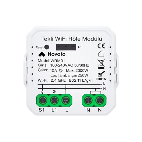 Novato Tuya Uyumlu Tekli Wifi Akıllı Anahtar (10A - 220V Röle) - Tek Çıkışlı, Anahtar Girişli, Google Asistan, Alexa Destekli Switch
