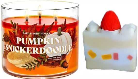 White Barn Bath & Body Works- 3-Wick Scented Candle 14.5 OZ Burns 25-45 Hours and Strawberry Cake soap (Pumpkin Snickerdoodle)