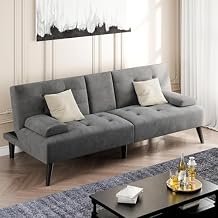 Shintenchi Futon Sofa Bed, Velvet Foldable Couch, Reclining Sleeper with Removable Armrests, Upholstered Loveseat Sofa Couch with Folding Cup Holders for Home, Office(Black)