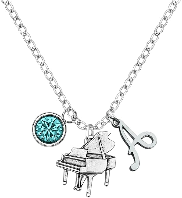 Personalized Piano Charm Necklace with Birthstone & Letter Charm, Piano Pendant Necklace, Pianist Jewelry for Women, Teens and Girls
