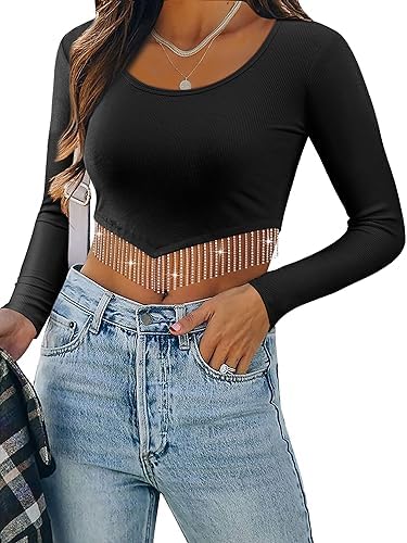 ZXZY Women Soft Ribbed Sparkly Rhinestone Fringe Long Sleeve Crop Top Cropped T Shirts