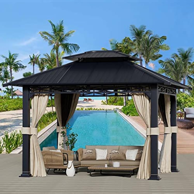 Hardtop Gazebo 10 x 12 WDouble Roof, Anti-Rust Coating Permanent Iron Metal Outdoor Waterproof Pergola wCurtains & Netting, Steel Hard Top Gazebo for Patio Backyard Garden Lawn Deck, wHook Design