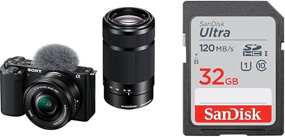 Sony Vlog Camera APS-C Mirrorless SLR Camera ZV-E10 Double Zoom Lens Kit with Windscreen Black ZV-E10Y B + SanDisk SD Card 32GB SDHC Class 10 UHS-I Read up to 120MB/s SanDisk Ultra SDSDUN4-032G-GHJNN New Package