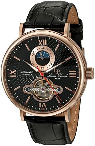 Lucien Piccard Mens Babylon Automatic Stainless Steel and Black Leather Casual Watch Model: LP-15040-RG-01