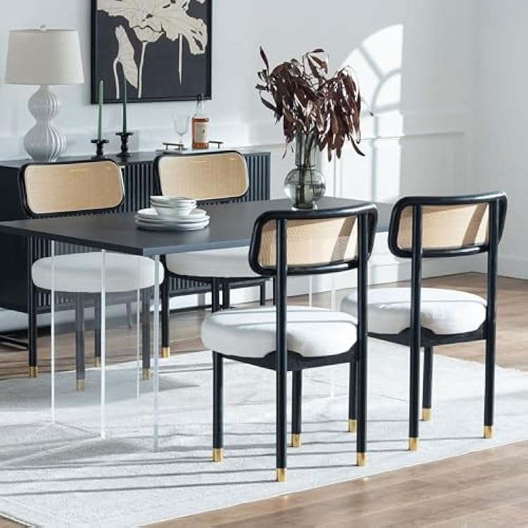 Farmhouse Rattan Dining Chairs Set of 4 with Cane Curved Back, Upholstered Linen Dining Room Chairs with Wood Legs, Mid Century Armless Side Chair for Kitchen, Living Room, WhiteBlack