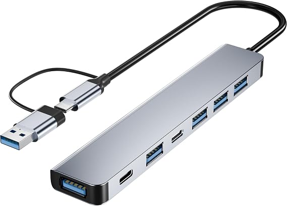 BERLAT 7-in-1 USB C Hub Aluminum USB 3.0 for MacBook PC iPad | 7-in-1 hub: 1x USB 3.0 + 4x USB 2.0 + 2x USB-C, 5Gbps transfer, Plug and play, Aluminum casing, For MacBook/PC/iPad/Xbox/PS4