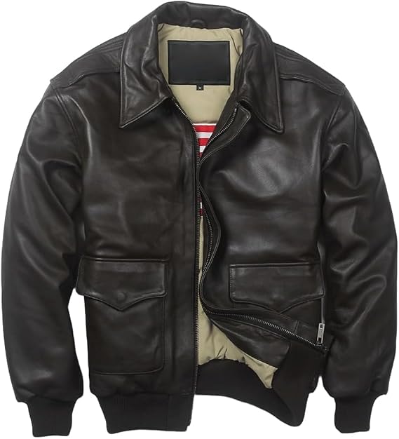Zulin A2 Air Force Brown Bomber Leather Jacket I USA Flag Pilot Flight Leather Jacket I Mens Brown Sheepskin Leather Jacket
