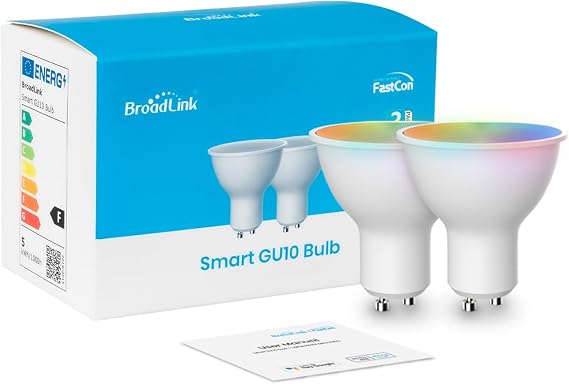 Broadlink FastCon Super Connect GU10 Smart Light Bulb 2-Pack, Color Changing with Music Sync, GU10/4.5W, Works with Alexa and Google Home, GW4C Hub Required [Energy Class F]