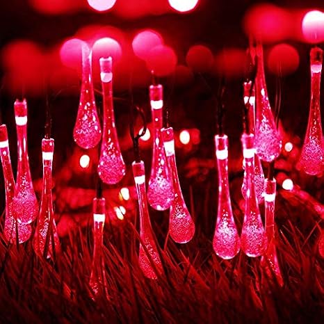 Solar Water Drop String Lights Outdoor,Waterproof 20FT 30LED Raindrop Lcicle String Lights 8 Mode Ambiance Teardrop Lights for Gardens Patio Yard Party Holiday Wedding Decorations (Red)