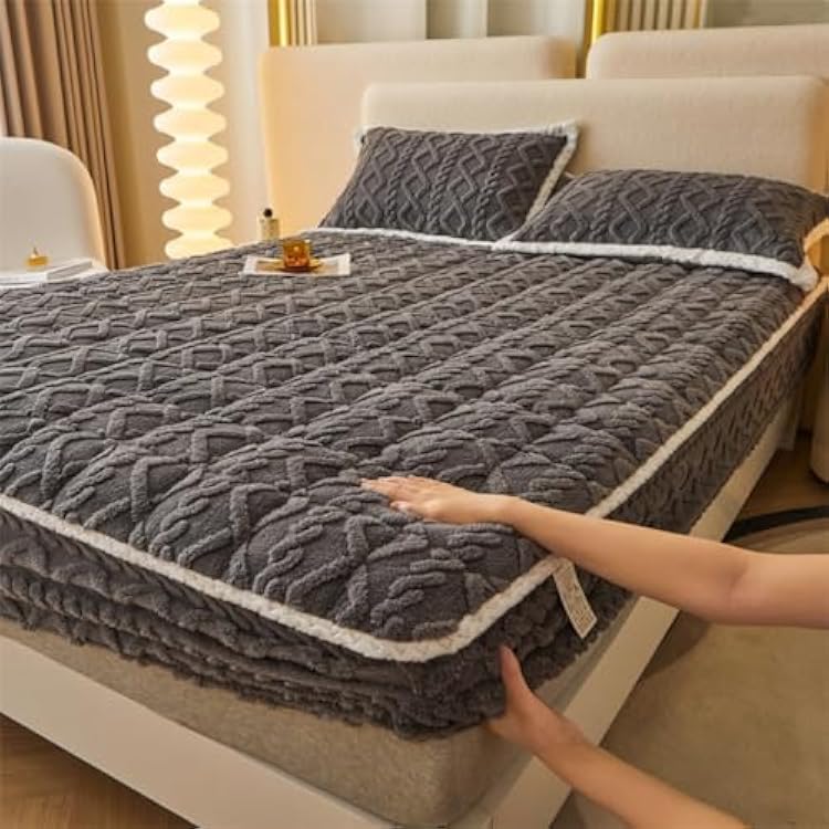 Luxury Velvet Mattress Covers,Mattress Protector Queen,Soft Comfort Cotton Bedspread Non-Slip Mattress Dust Cover for All Season Starlit Gray,59 x 79 in,with Pillowcase