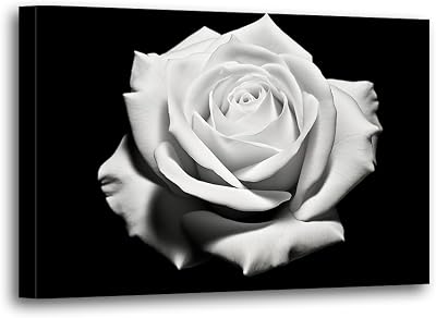 LURENCZH Flower Canvas Wall Art White Rose Picture Wall Decor Black and White Floral Bloom Painting Prints for Living Room Decor FramedRose-1,16.00 x 24.00