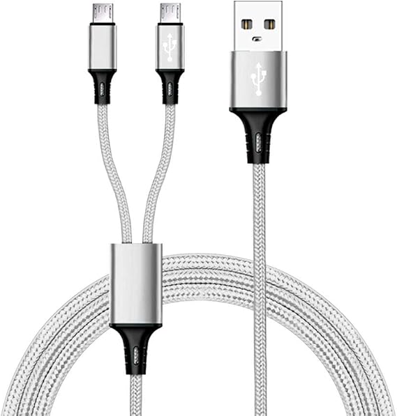 IFLASH 3 feet Dual MicroUSB Splitter Charge Cable - Power up to Two (2) Micro USB Devices At Once from a Single USB Port - Ideal for Any Micro USB Powered Device (White Color)