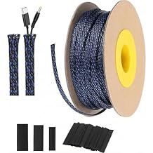 Pangda 300 feet - 1/4 Inch Expandable Braided Cable Sleeve with 60 Heat Shrink Tubing for Television Audio Computer Cables Video Pets(Blue and Black)