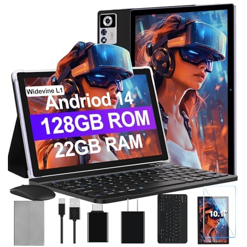 2025 Android 14 Tablet 22GB RAM 128GB ROM 1TB Expand, 10.1 inch 8000mAh Octa-Core Tablet with Keyboard & Mouse, HD IPS Display, 5G Wi-Fi, Bluetooth 5.0, GPS, Widevine L1, Split Screen -Metal Black