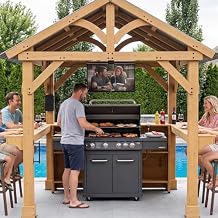 COSIEST 8x6 ft Outdoor Bar Gazebo with TV Mount, Solid Cedar Wood Grill Pavilion with Serving Counter, Storage Shelves & USB Socket, Permanent Backyard Pergola Shelter, Natural Finish