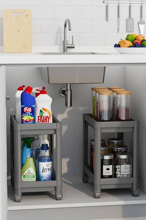 Mithra Life 2 Adet 2 Katlı Tekerlekli Tezgah Altı Gri Banyo Mutfak Rafı MIT1124