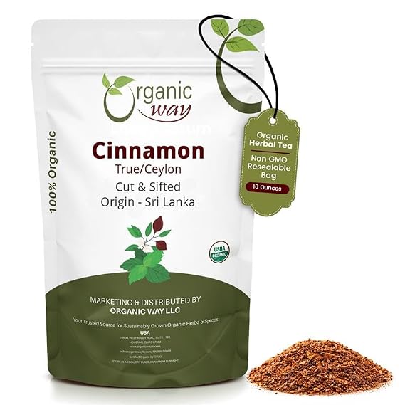 Organic Way Premium True Ceylon Cinnamon Cut & Sifted (Cinnamomum verum) - Adds Flavour | Organic & Kosher Certified | Raw, Non GMO & Gluten Free | USDA Certified | Origin - Sri Lanka (16 Ounce Pack)