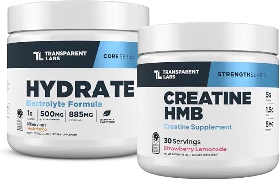 Transparent Labs Hydrate Electrolytes Powder (40 Servings, Peach Mango) & Creatine HMB (30 Servings, Strawberry Lemonade)