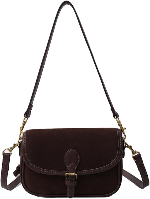 Snap Flap Suede Leather Saddle Bag for Women Vintage Crossbody Messenger Shoulder Bag Retro Handbag for Work Travel