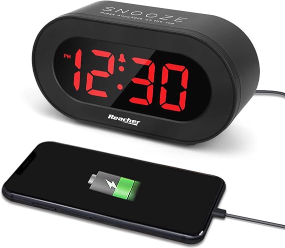 REACHER Small Dimmable LED Digital Alarm Clock with USB Charger