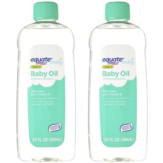 Equate Baby Oil with Aloe Vera and Vitamin E, Hypoallergenic, 20 Fl Oz, 2 Pack