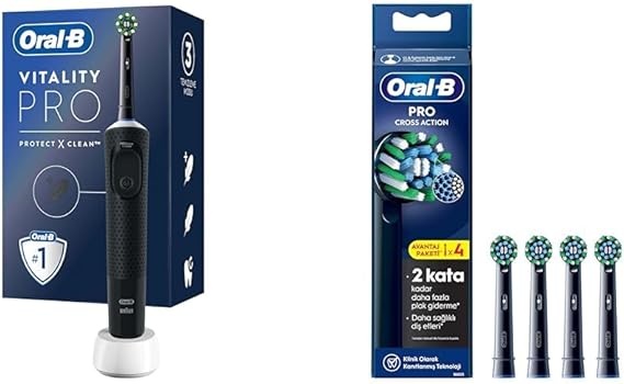 Oral-B Şarjlı/Elektrikli Diş Fırçası Vitality Pro Siyah Koruma ve Temizlik + Oral-B Cross Action X-Filament Siyah Şarjlı Diş Fırçası Yedek Başlığı 4 Adet