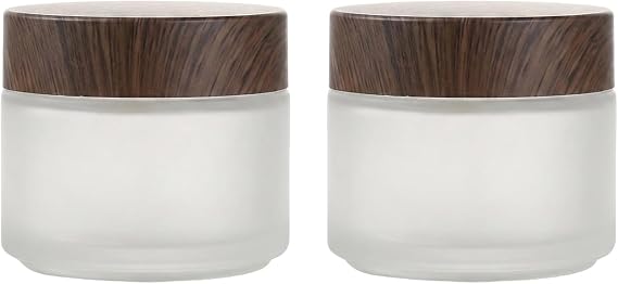 2 Pcs 100ml 3.4oz Round Frosted Glass Cream Jar Travel Containers Pot Straight Sided Storage Cosmetic Jars Containers with Inner Liners and Wood Grain appearance Lids for Cream Lotion Butter Spice