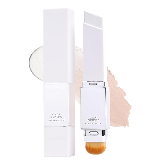 Color Changing Foundation Stick,2-in-1 Dual Ended Full Coverage Foundation Stick with Brush,Create a Natural Lightweight Dewy Finish Base Makeup 01#LIGHT