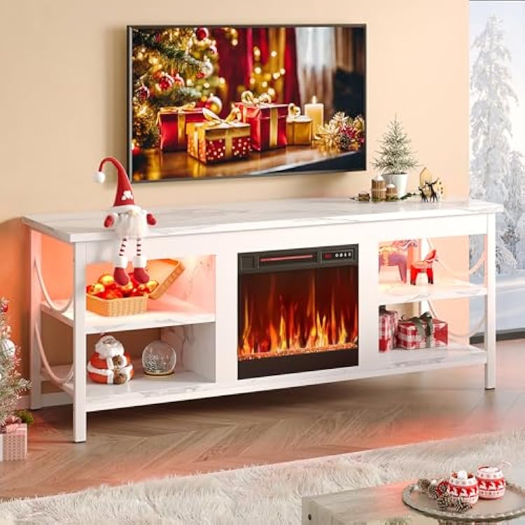 Pinmoco Electric Fireplace TV Stand for TVs up to 65, LED Entertainment Center with Open Storage Shelves for Living Room, Bedroom, White