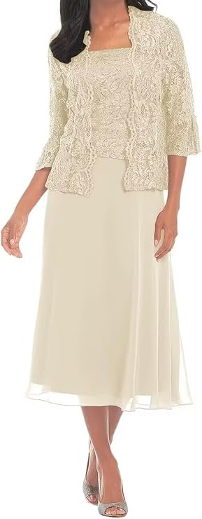 Yuxin 2 Piece Mother of The Bride Dresses for Wedding 3/4 Sleeve Lace Chiffon Mother of Groom Dress with Jacket Chsmpagne Long Formal Evening Gowns for Women Us12 Champagne