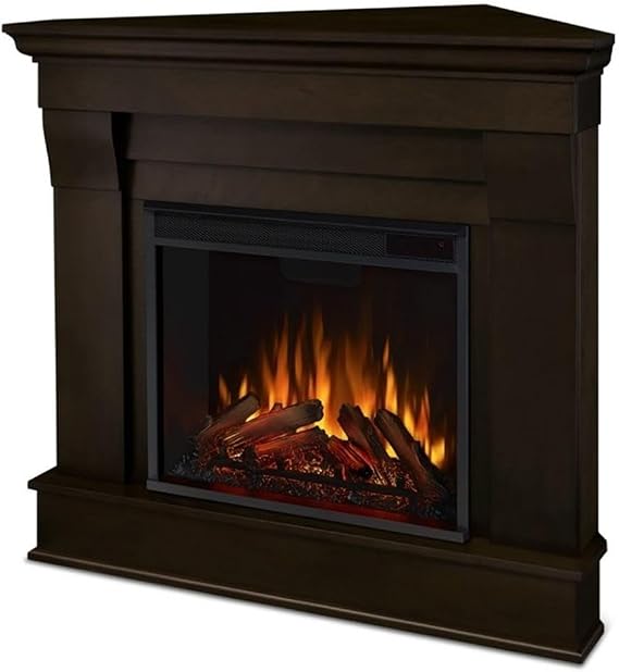 BOWERY HILL Contemporary Corner Electric Fireplace Mantel Heater with Remote Control, Adjustable Led Flame 1500W in Dark Walnut